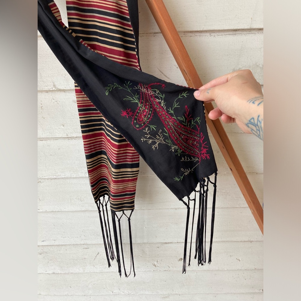 Embroidered Black and Red Scarf with Fringe